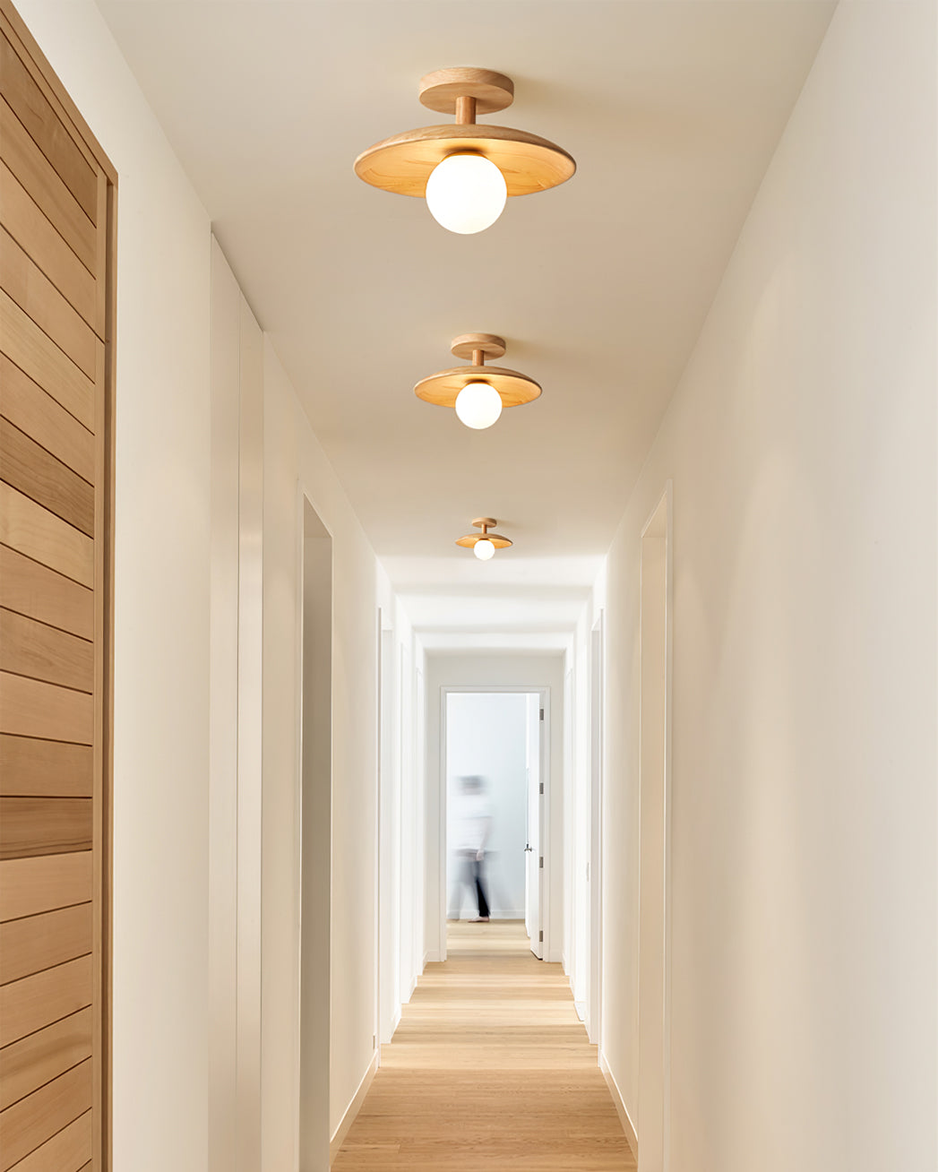 Low Profile Flush Mount Ceiling Light Ash Wood and White Glass Hallway
