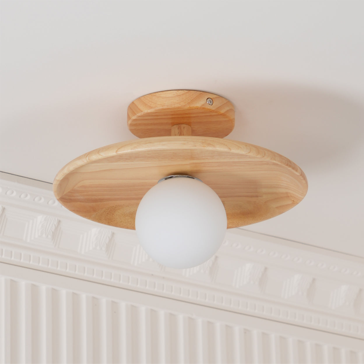 Low Profile Flush Mount Ceiling Light Ash Wood and White Glass Hallway