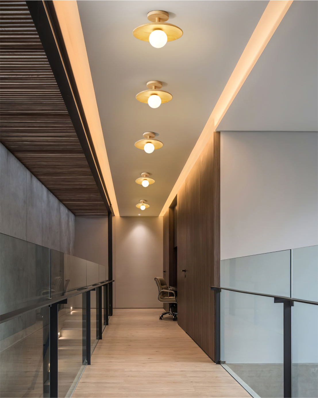 Low Profile Flush Mount Ceiling Light Ash Wood and White Glass Hallway