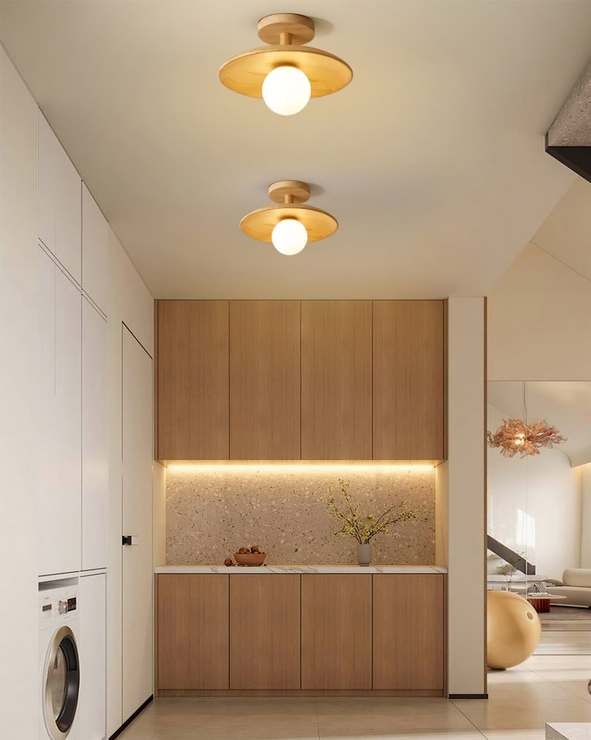 Low Profile Flush Mount Ceiling Light Ash Wood and White Glass Hallway
