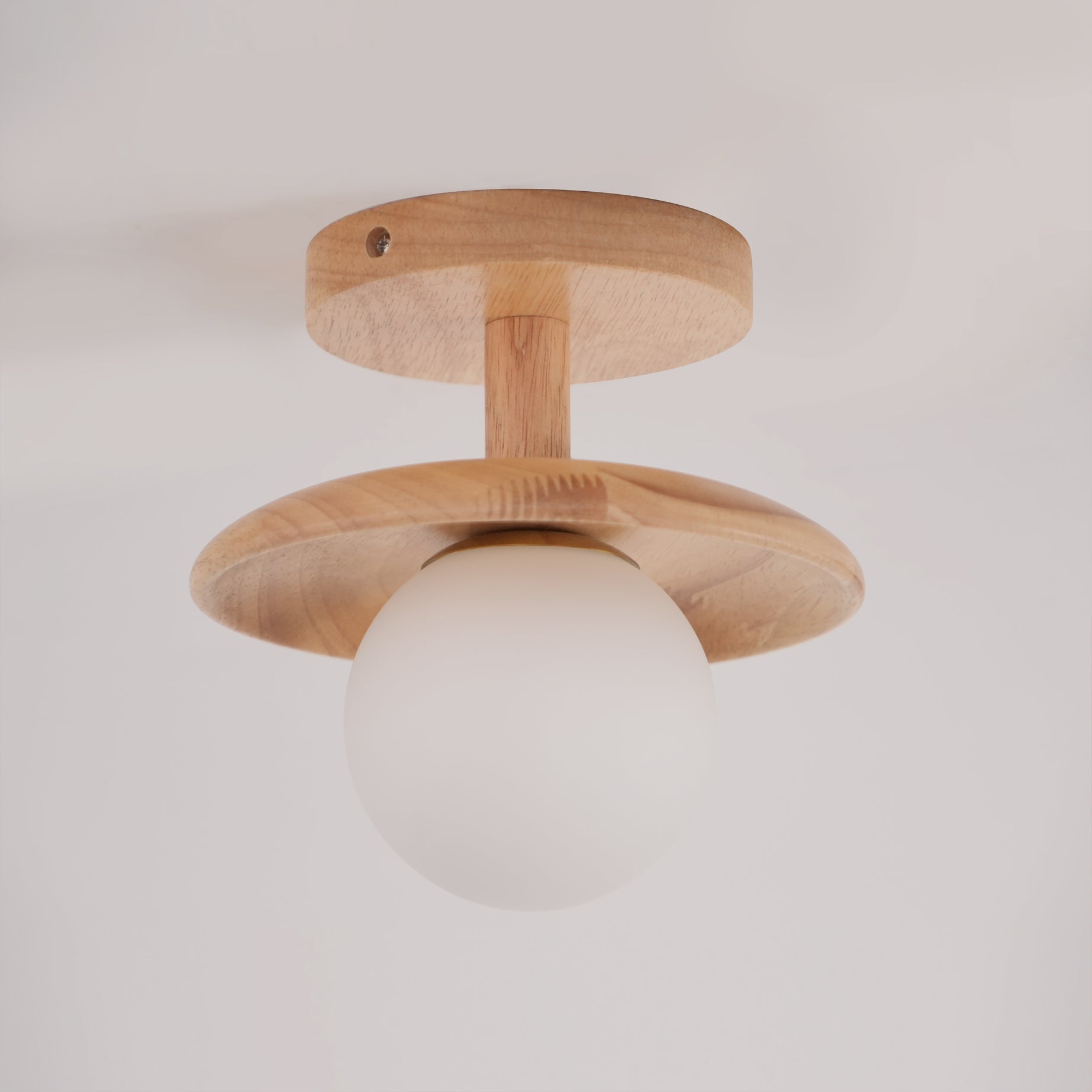 Low Profile Flush Mount Ceiling Light Ash Wood and White Glass Hallway