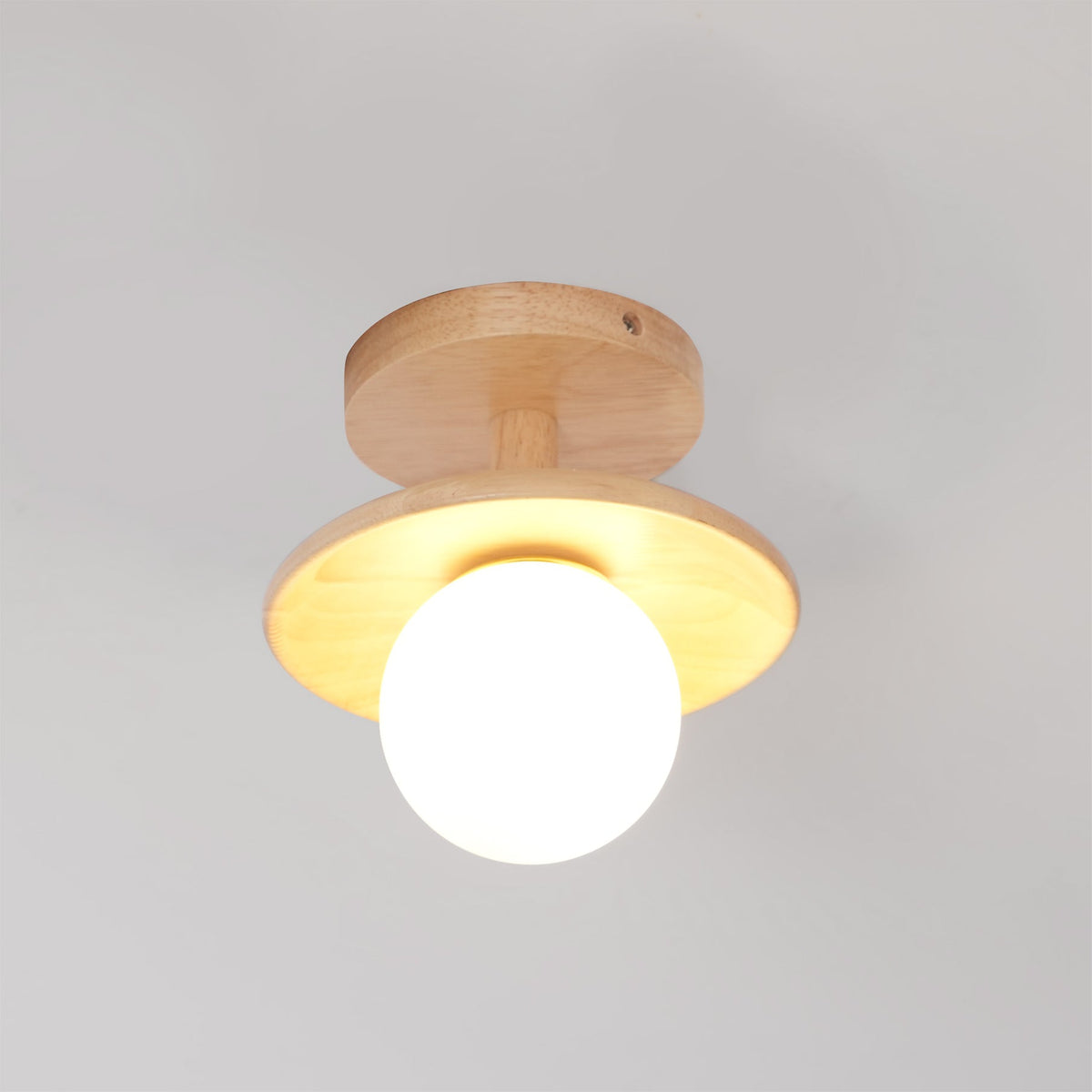 Low Profile Flush Mount Ceiling Light Ash Wood and White Glass Hallway