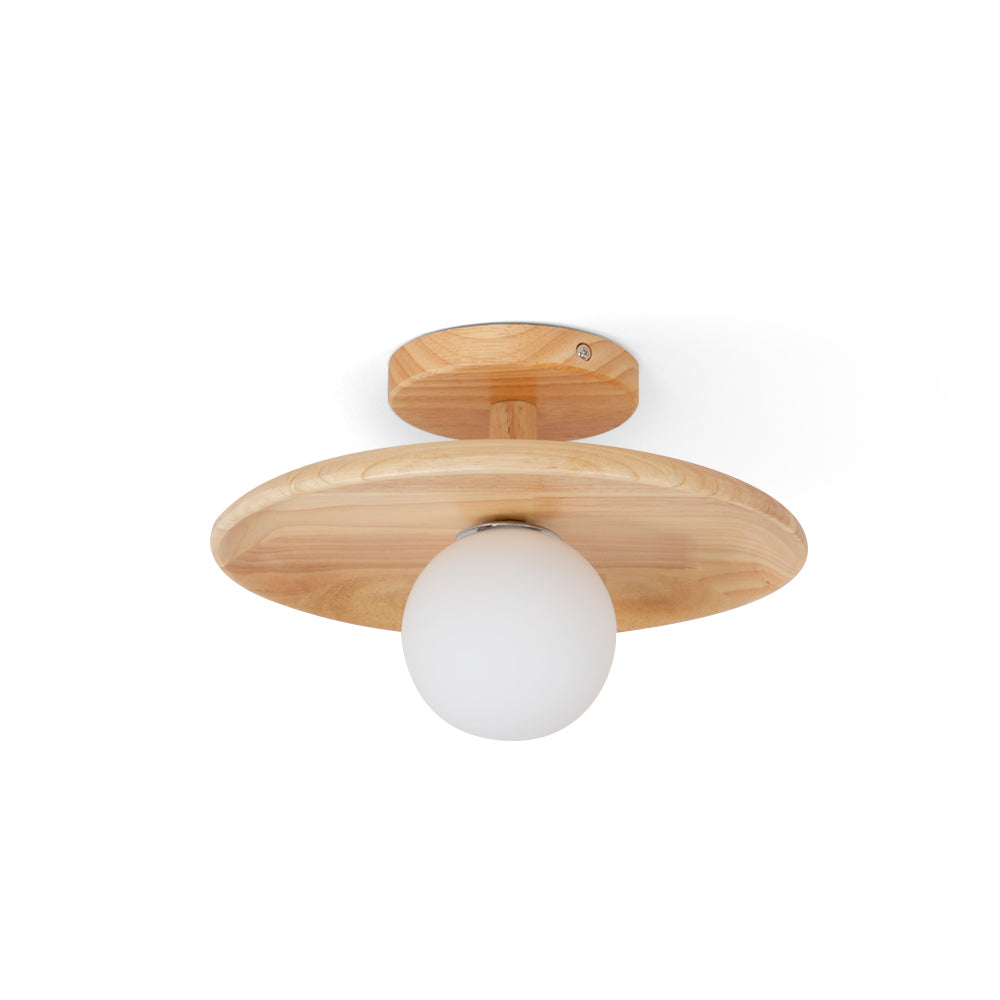 Low Profile Flush Mount Ceiling Light Ash Wood and White Glass Hallway