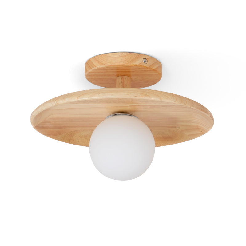 Low Profile Flush Mount Ceiling Light Ash Wood and White Glass Hallway