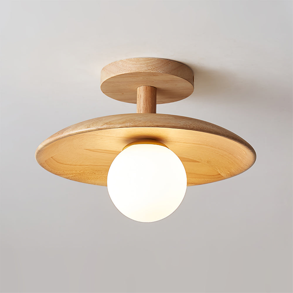 Low Profile Flush Mount Ceiling Light Ash Wood and White Glass Hallway