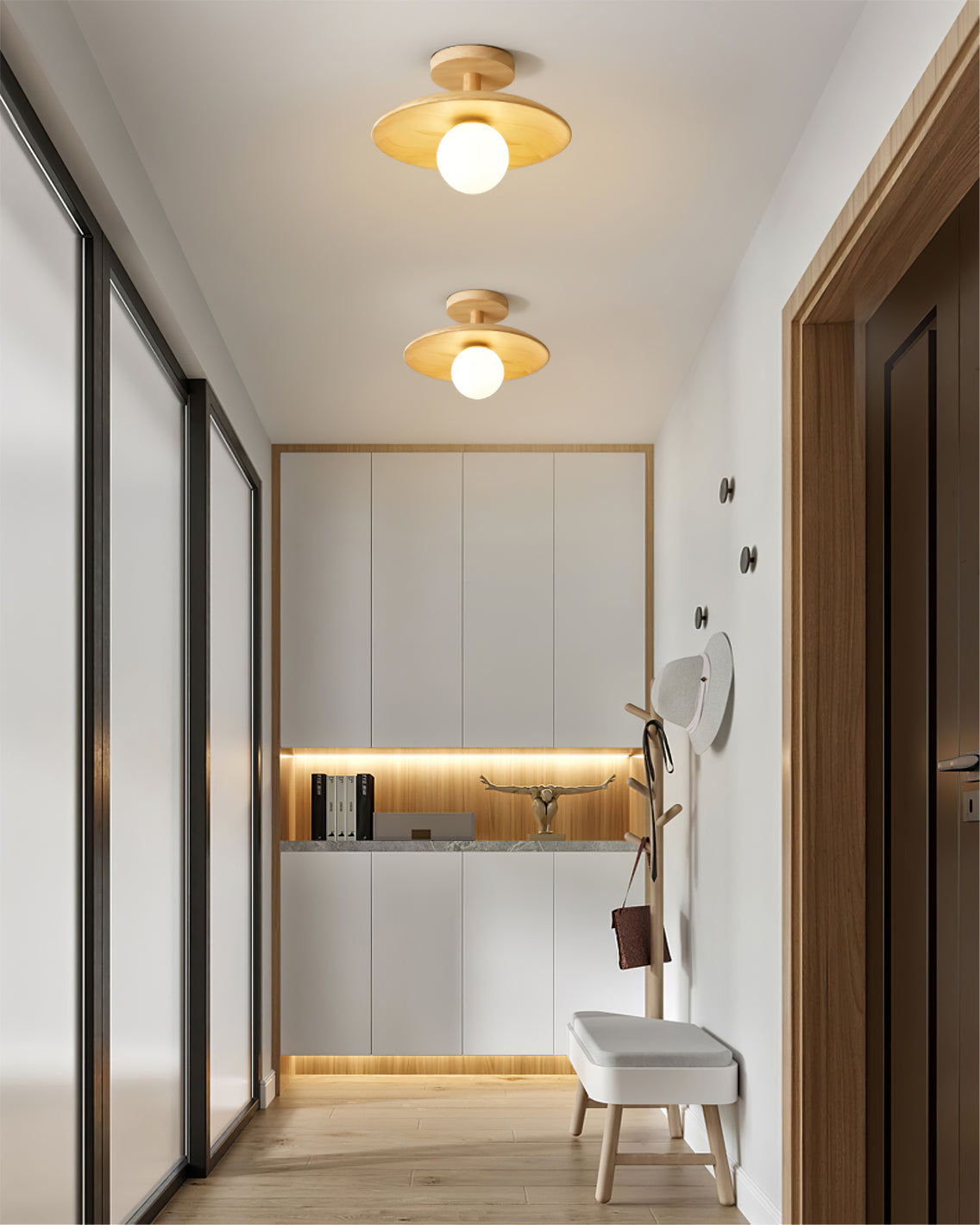 Low Profile Flush Mount Ceiling Light Ash Wood and White Glass Hallway