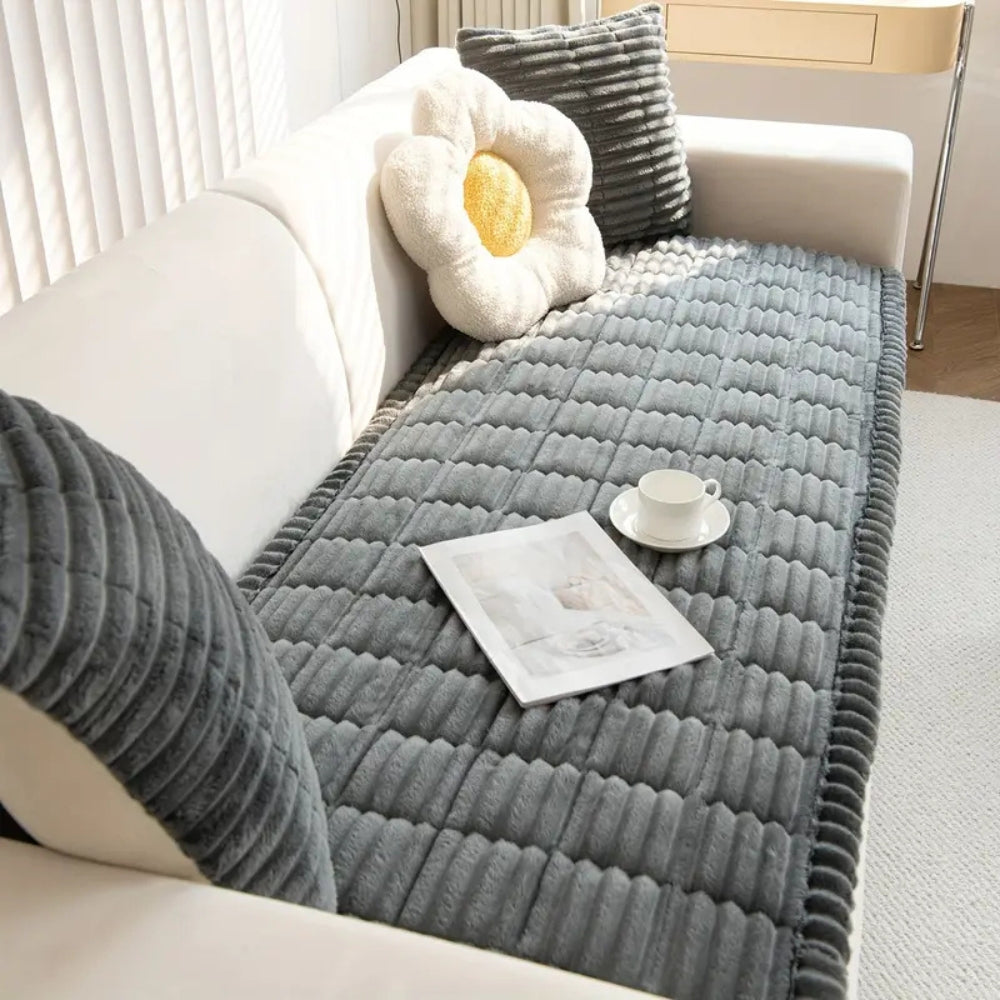 Plush Flannel Sofa Cover Non-Slip with Pleated Edge