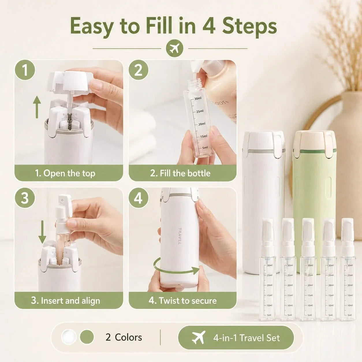 4 in 1 Travel Bottle Refillable Leak Proof Toiletry Dispenser