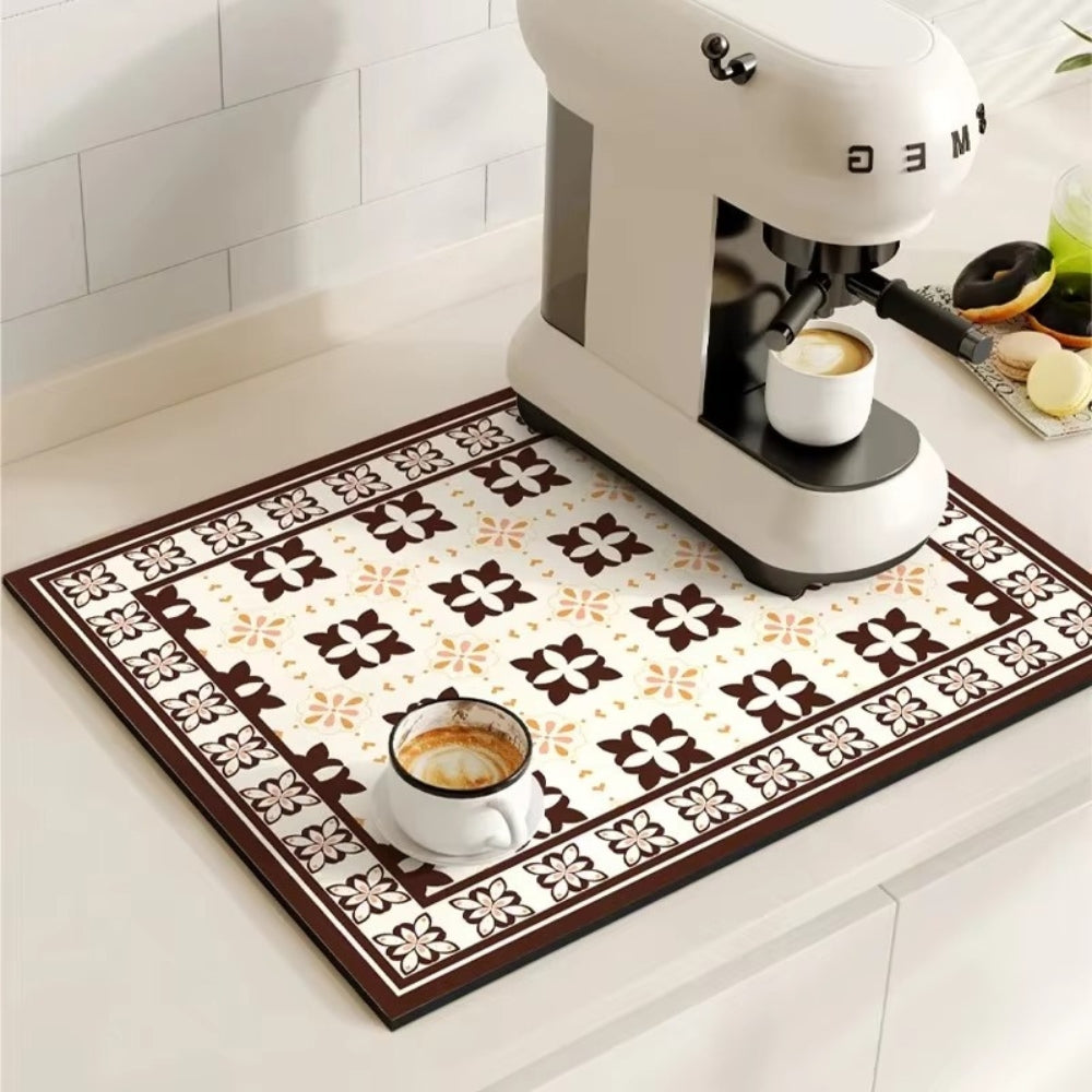 Absorbent Coffee Bar Mat with Retro Tile Print and Rubber Backing