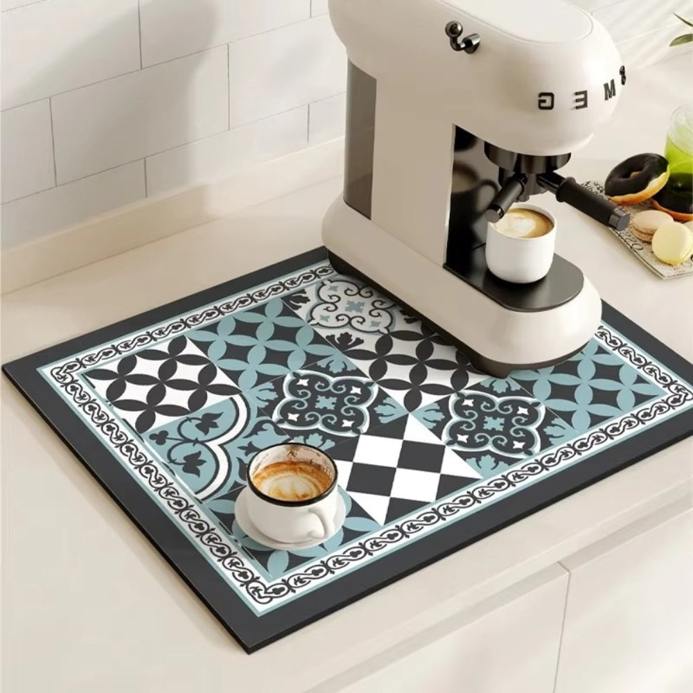 Absorbent Coffee Bar Mat with Retro Tile Print and Rubber Backing