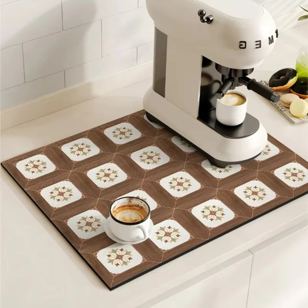 Absorbent Coffee Bar Mat with Retro Tile Print and Rubber Backing