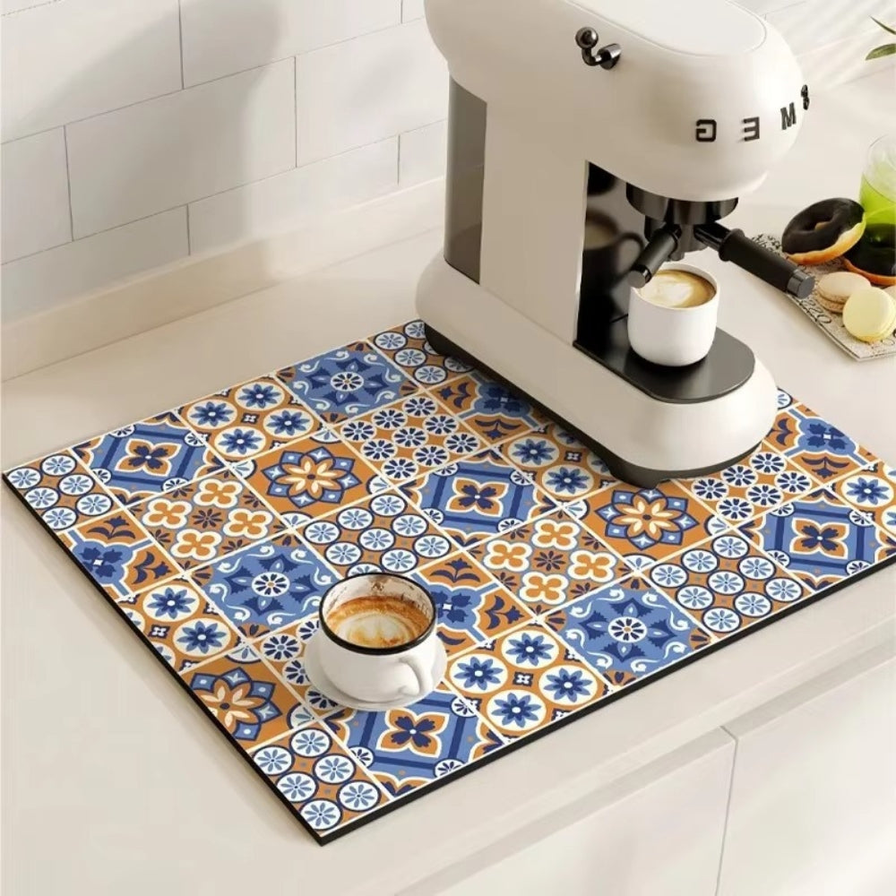 Absorbent Coffee Bar Mat with Retro Tile Print and Rubber Backing