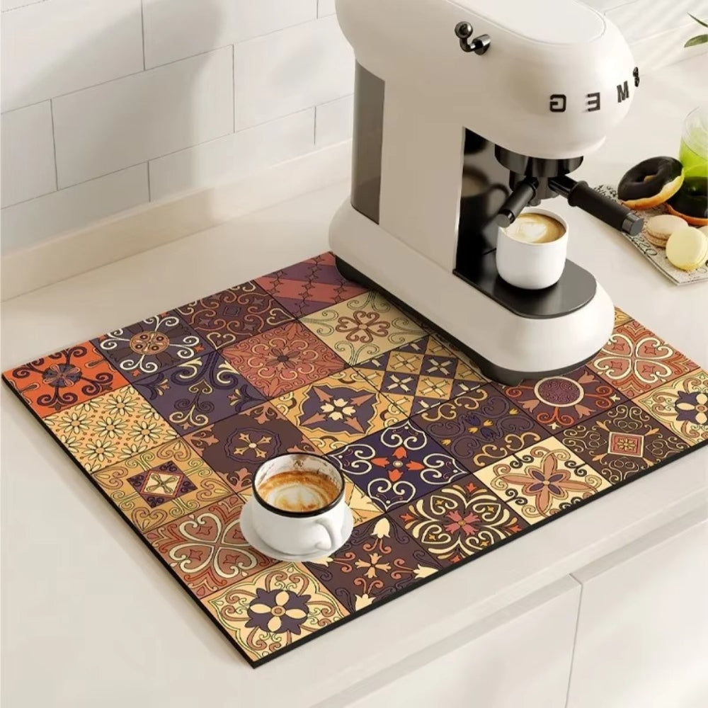 Absorbent Coffee Bar Mat with Retro Tile Print and Rubber Backing