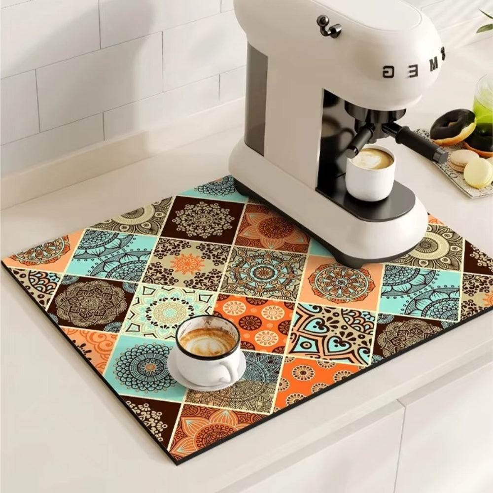 Absorbent Coffee Bar Mat with Retro Tile Print and Rubber Backing