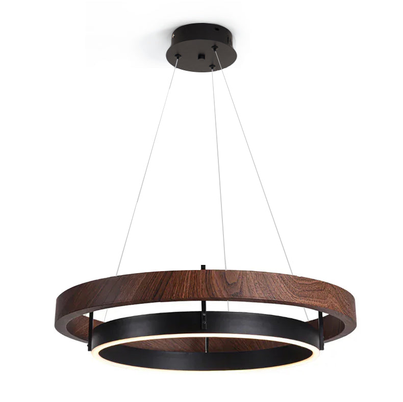 Double Ring LED Chandelier Walnut Finish Integrated Light Dining Room