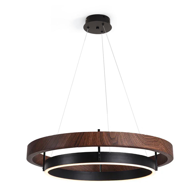 Double Ring LED Chandelier Walnut Finish Integrated Light Dining Room
