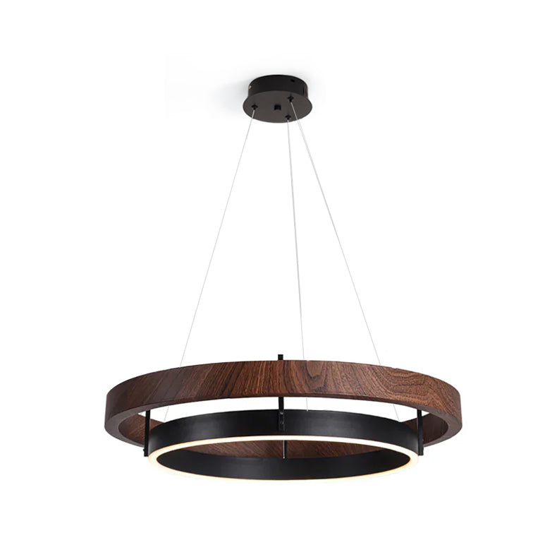 Double Ring LED Chandelier Walnut Finish Integrated Light Dining Room