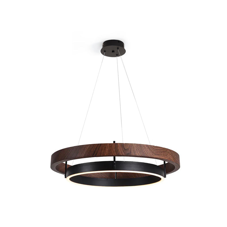 Double Ring LED Chandelier Walnut Finish Integrated Light Dining Room