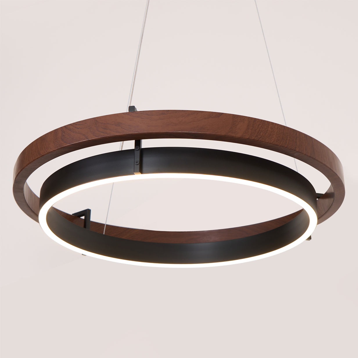 Double Ring LED Chandelier Walnut Finish Integrated Light Dining Room