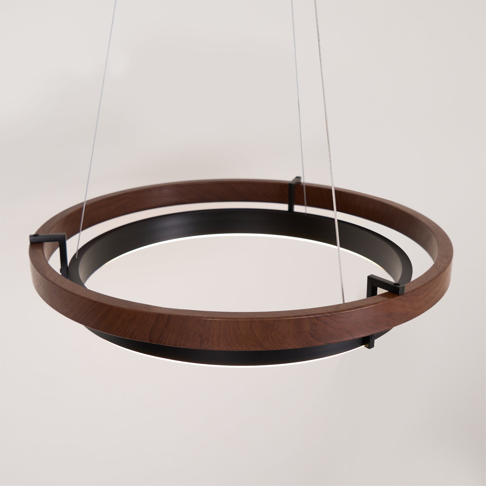 Double Ring LED Chandelier Walnut Finish Integrated Light Dining Room