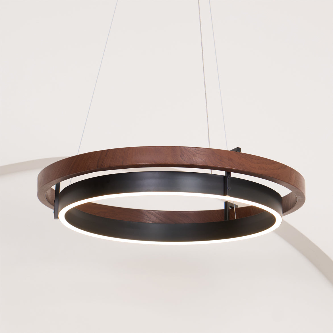 Double Ring LED Chandelier Walnut Finish Integrated Light Dining Room