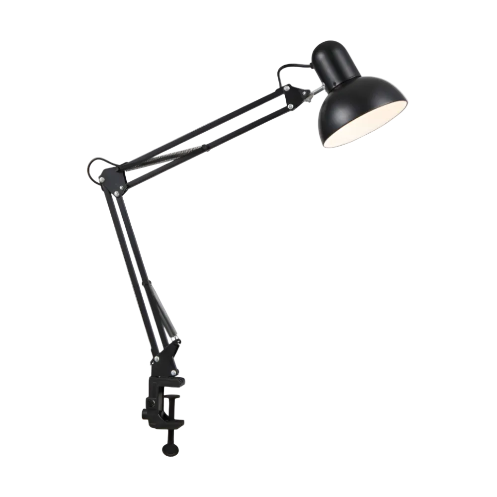 Roterende skrivebordslampe med klemme og dobbeltforbundet arm