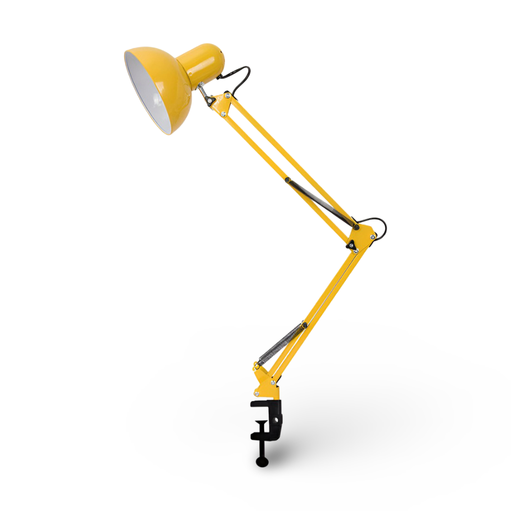 Roterende skrivebordslampe med klemme og dobbeltforbundet arm