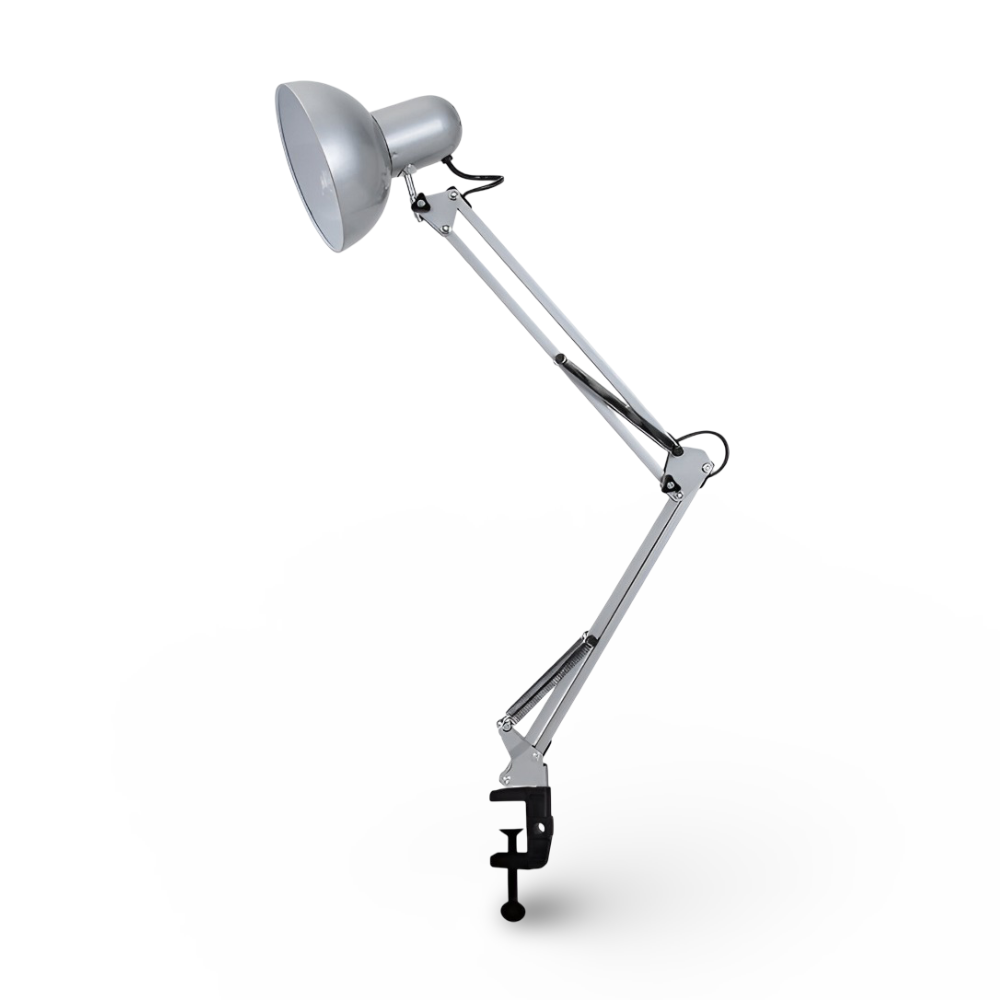 Roterende skrivebordslampe med klemme og dobbeltforbundet arm