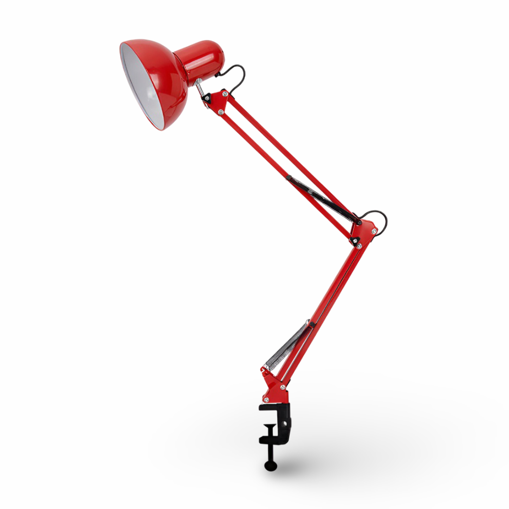 Roterende skrivebordslampe med klemme og dobbeltforbundet arm