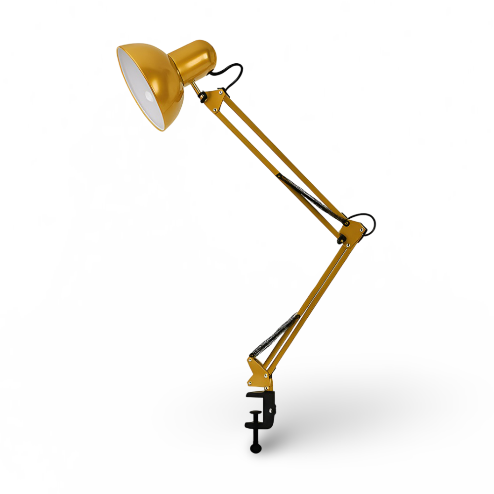 Roterende skrivebordslampe med klemme og dobbeltforbundet arm