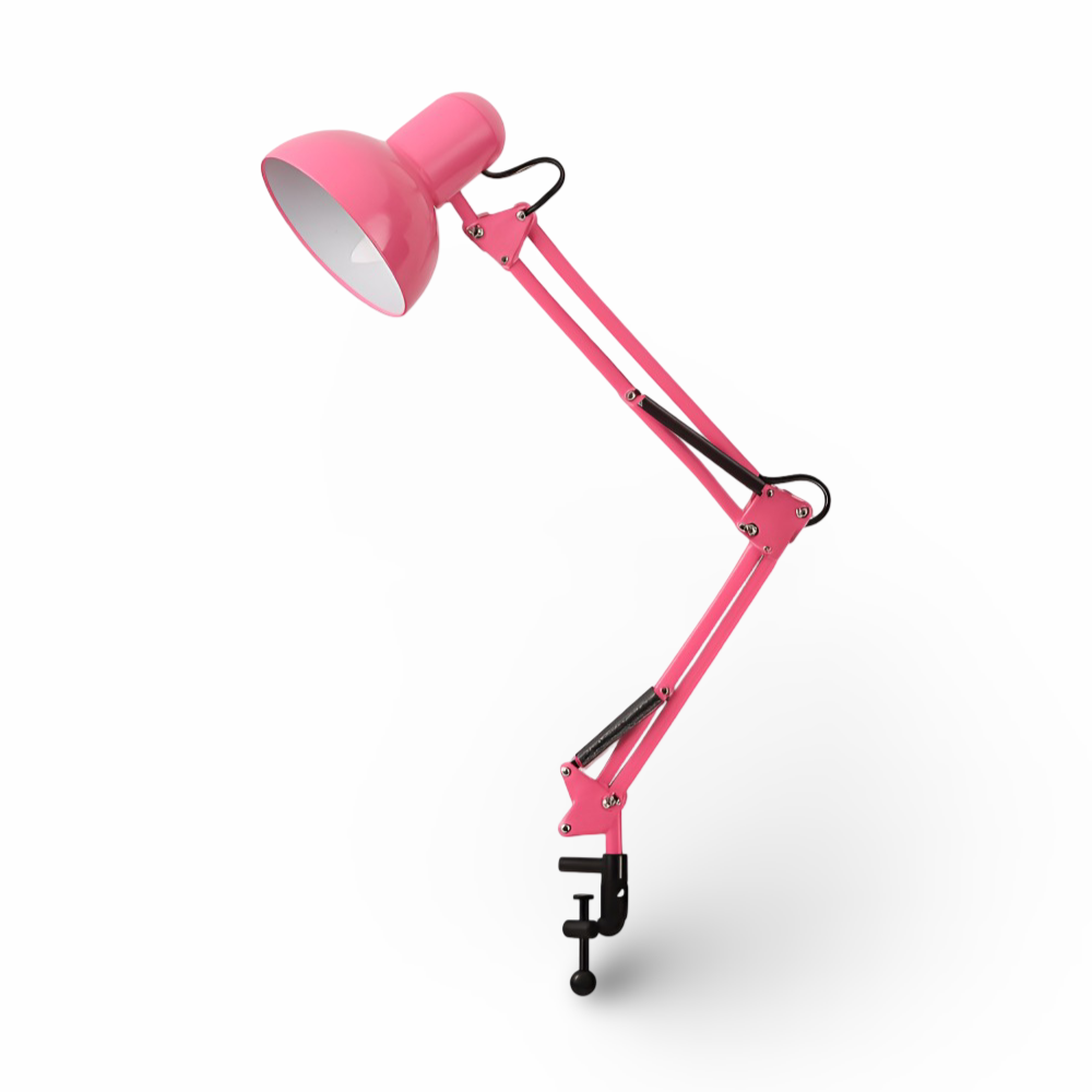 Roterende skrivebordslampe med klemme og dobbeltforbundet arm