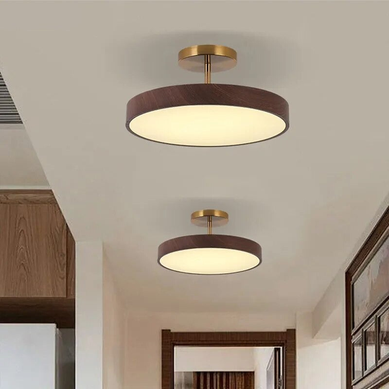 Rund LED loftlampe Trælook skærm med metalophæng
