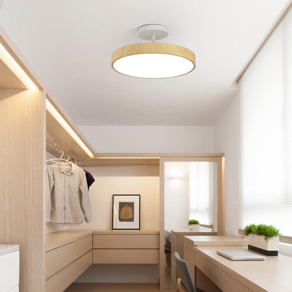 Rund LED loftlampe Trælook skærm med metalophæng