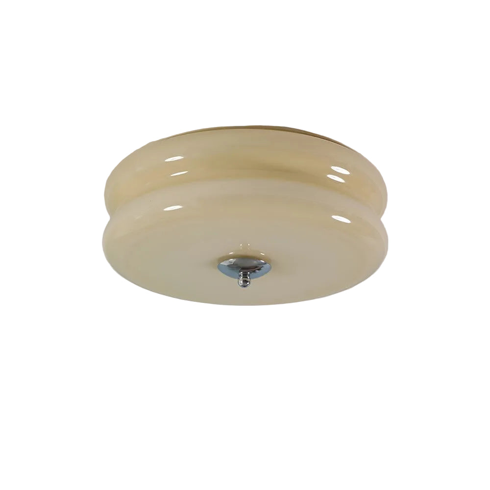Rund loftlampe i opalglas med krom og gulddetaljer