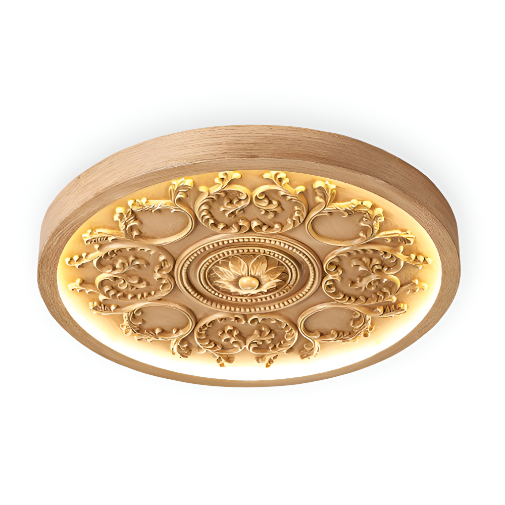 Rund loftslampe i barokstil udskåret relief med blomsterornamentik og træramme