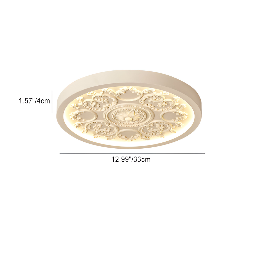 Rund loftslampe i barokstil udskåret relief med blomsterornamentik og træramme
