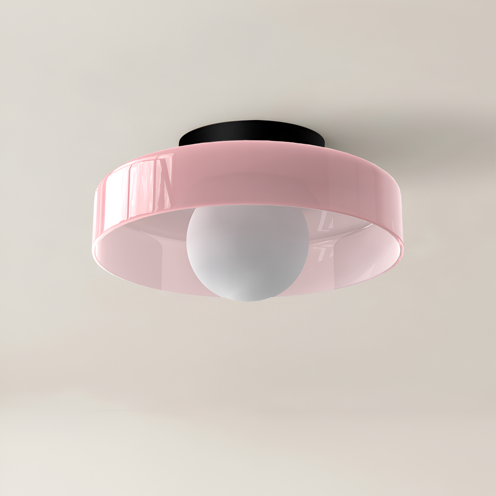 Rund loftslampe i glas med opal glaskugle