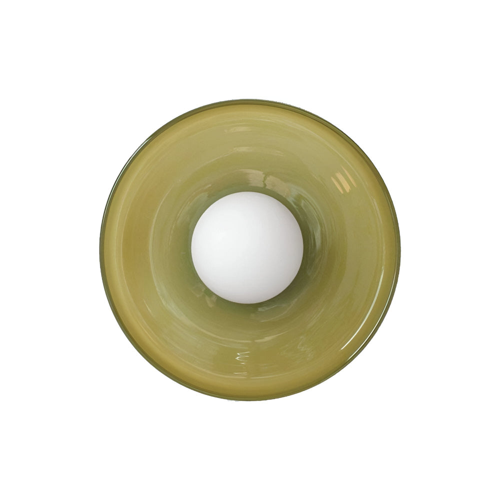 Rund loftslampe i glas med opal glaskugle