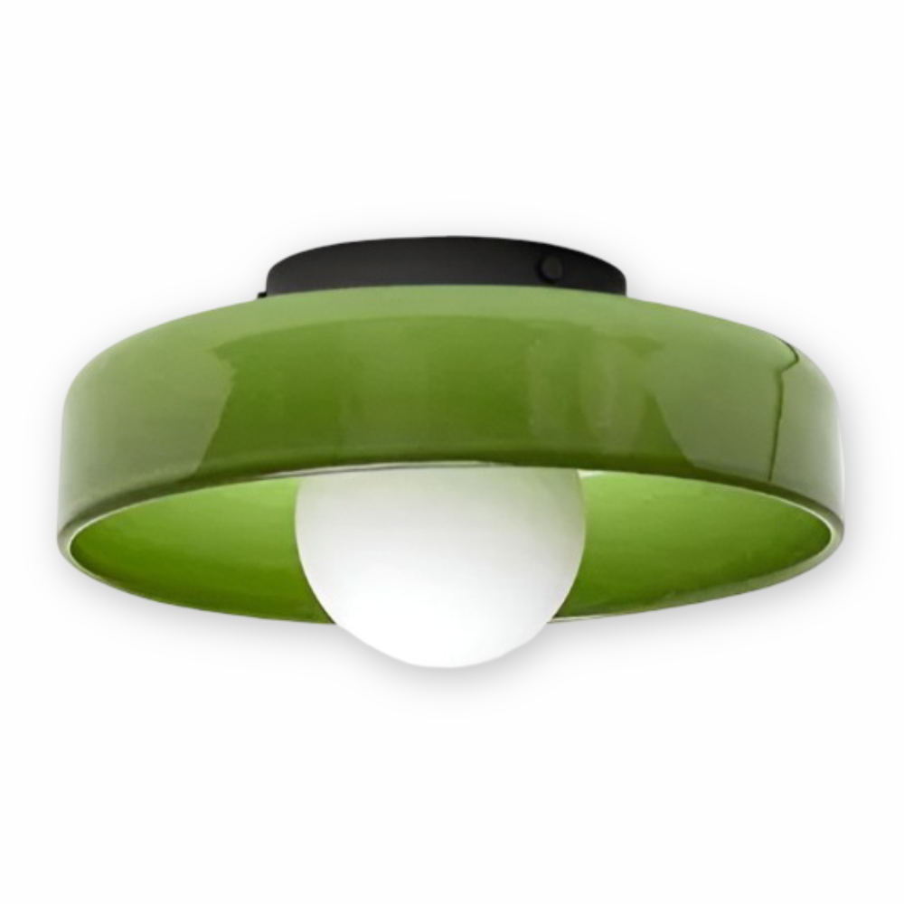Rund loftslampe i glas med opal glaskugle