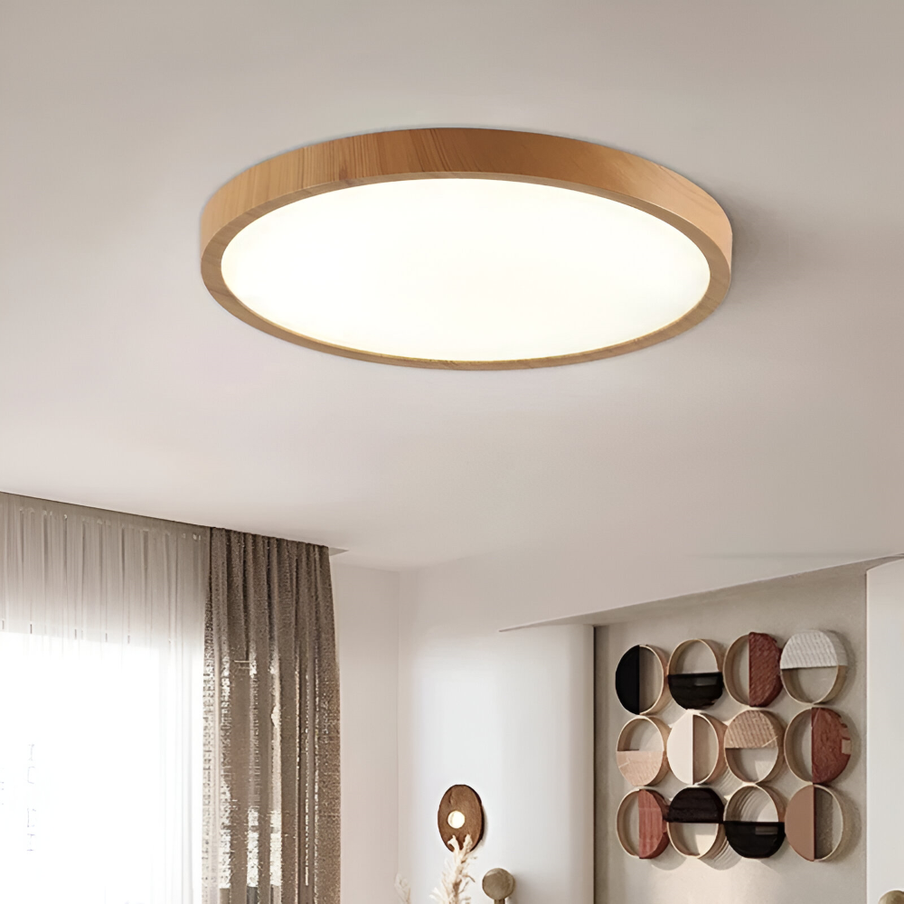 Rund loftslampe indbygget lampe med træ og matteret diffuser
