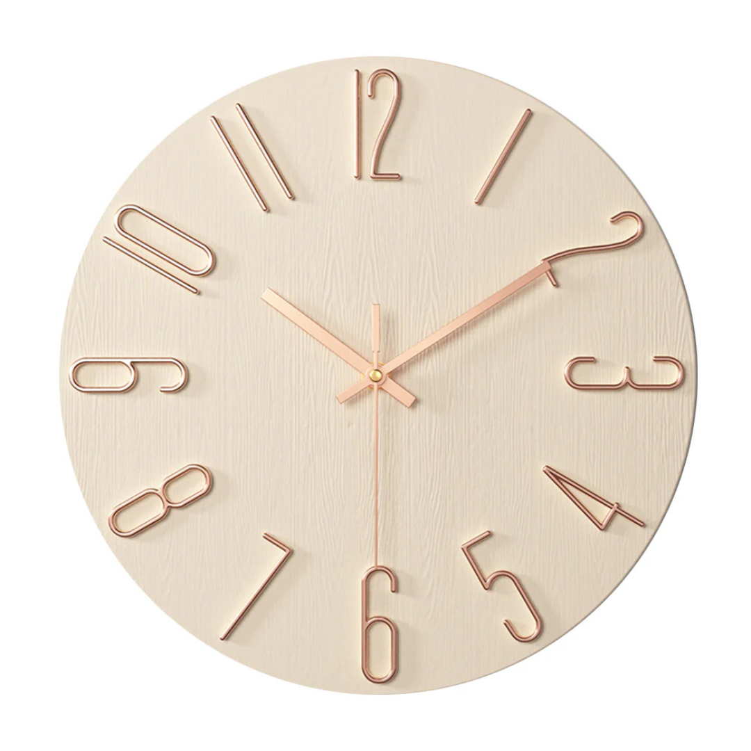 Round wall clock in wood look with 3D numbers