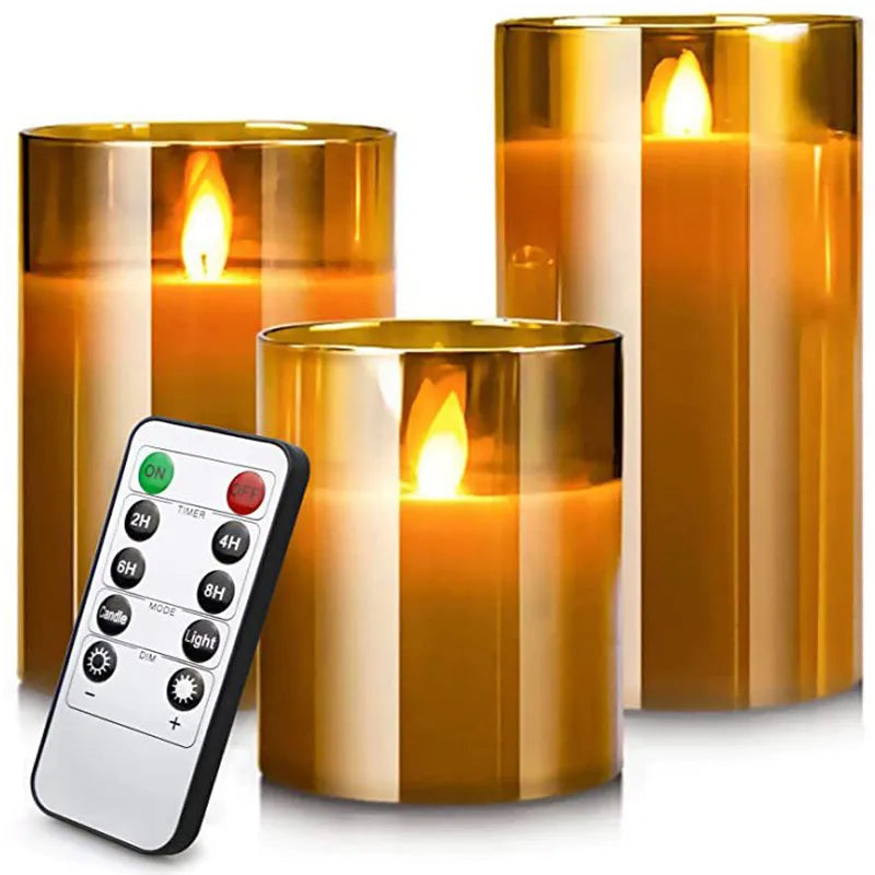 Flameless Candles 3 Piece Set in Tinted Glass LED Flickering for Table Decor