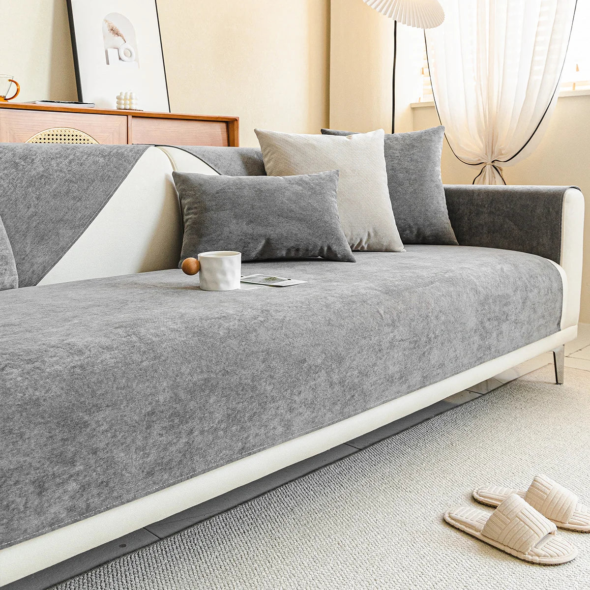 Chenille Sofa Cover for Cats and Dogs with Braided Edge