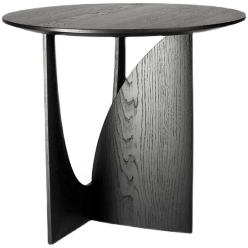 Round Solid Wood Side Table with Sculpted Geometric Base
