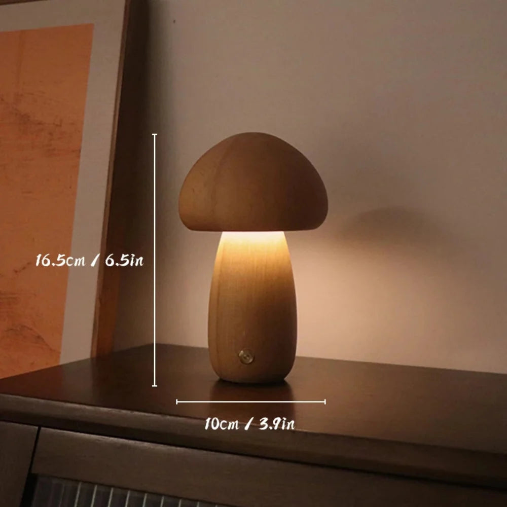 Wooden Mushroom Lamp Bedside Night Light Warm Glow for Nightstand and Shelf