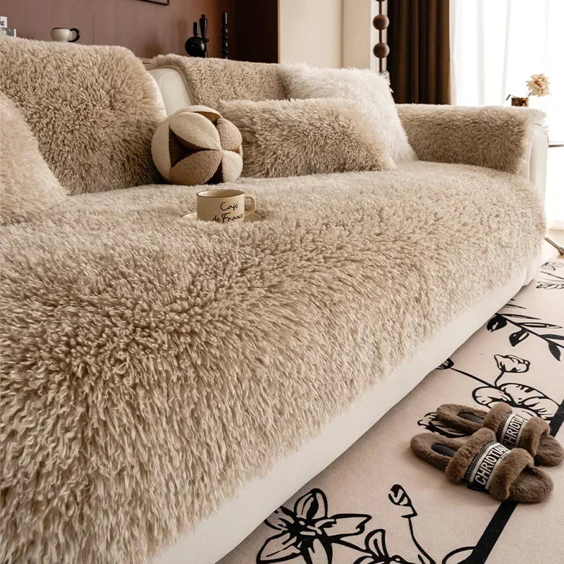 Faux Lambswool Sofa Cover with Long Shaggy Pile