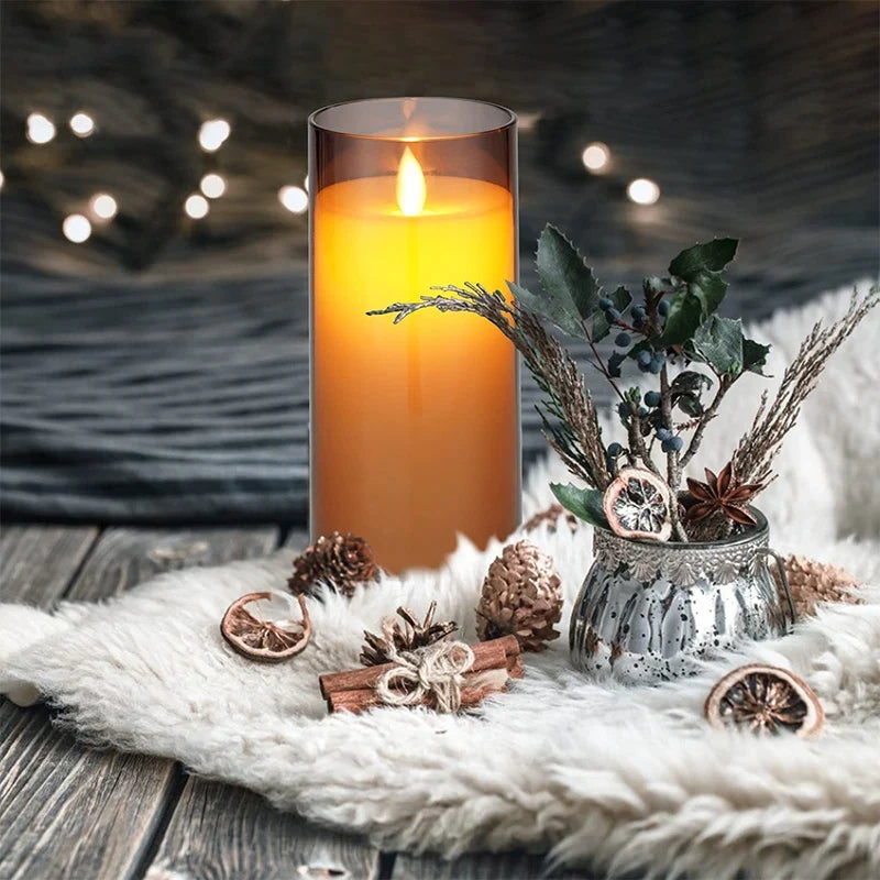 Flameless Candles 3 Piece Set in Tinted Glass LED Flickering for Table Decor