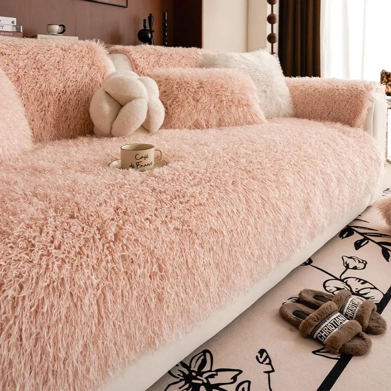 Faux Lambswool Sofa Cover with Long Shaggy Pile