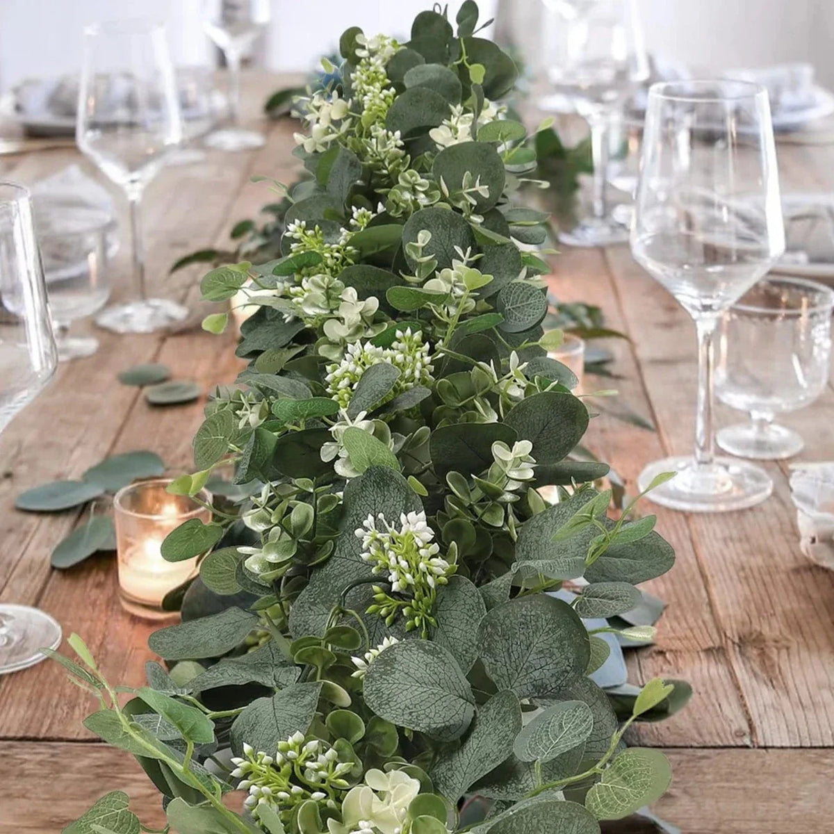 Faux Eucalyptus Garland Set of 2 Artificial Greenery for Mantel and Table