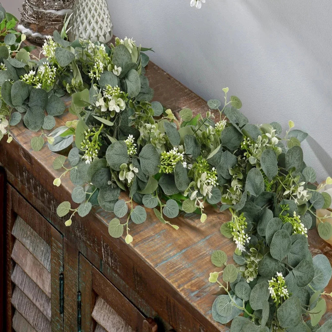 Faux Eucalyptus Garland Set of 2 Artificial Greenery for Mantel and Table